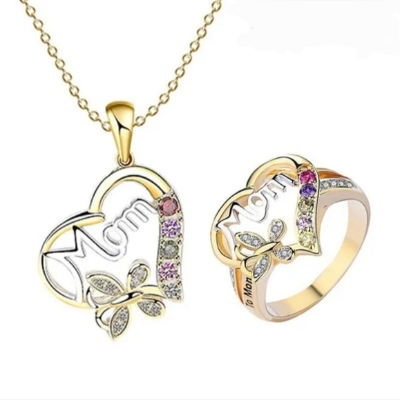 Gold Heart Mom Necklace and Ring Set - Picture 8 of 8